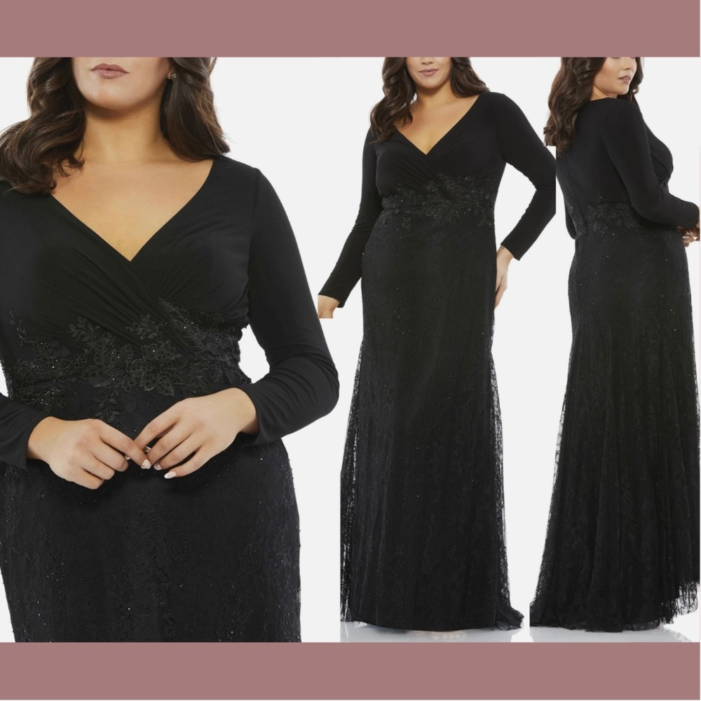 NWT Mac Duggal [ 20W ] Wrap-over Long Sleeve Lace‎ Applique Trumpet Gown Black